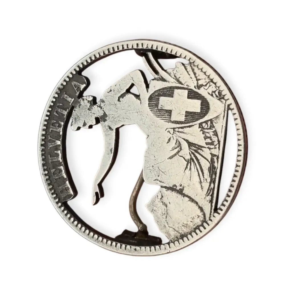 Broche vintage suizo de moneda calada a mano Helvetia plata para colección