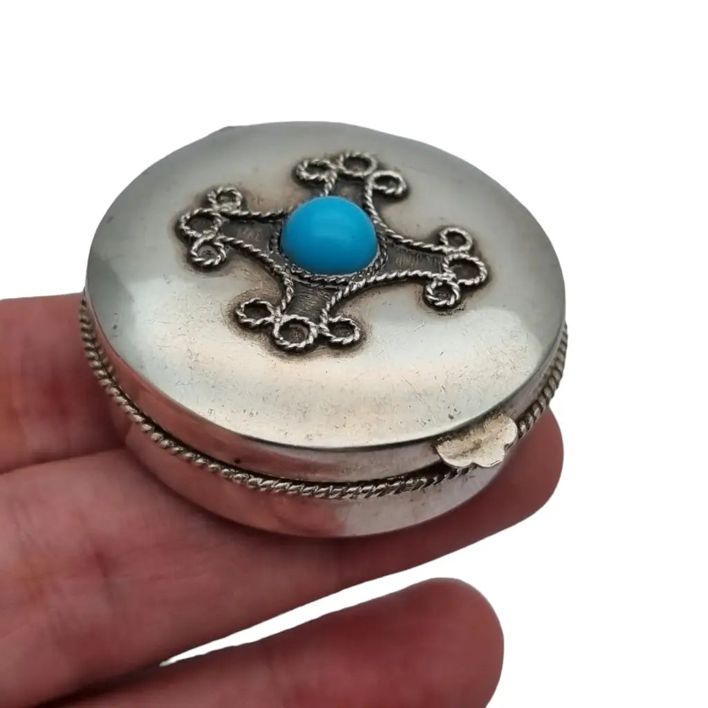 Caja vintage de plata 925 con bola azul años 70 regalos para coleccionistas.
