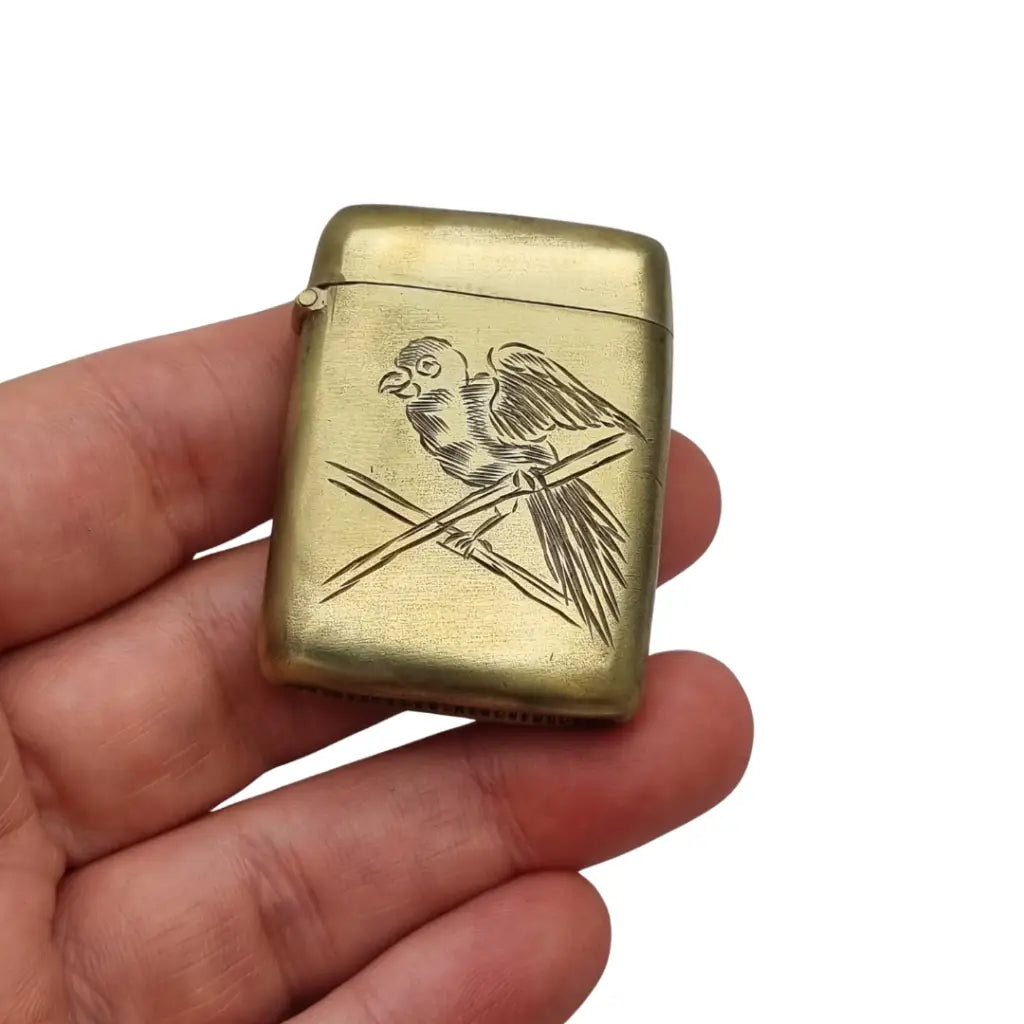 Cerillera antigua de latón grabado con loro Caja fósforos vintage años 40 50