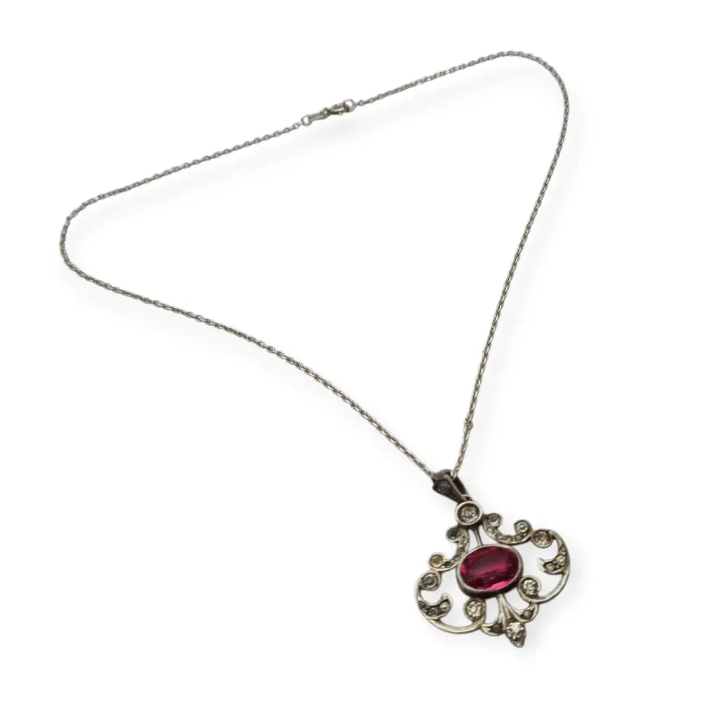 Colgante Belle Époque en plata 800 con cristal rosa y blanco diseño calado