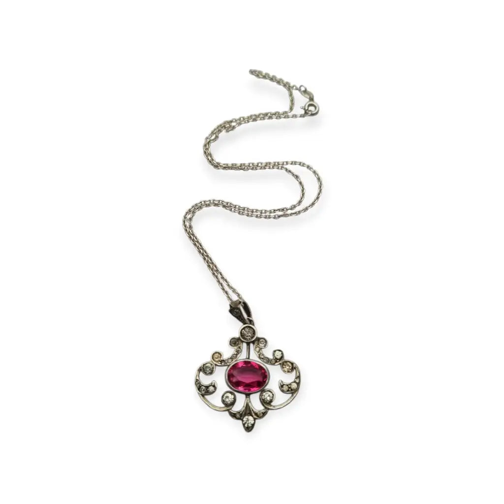 Colgante Belle Époque en plata 800 con cristal rosa y blanco diseño calado