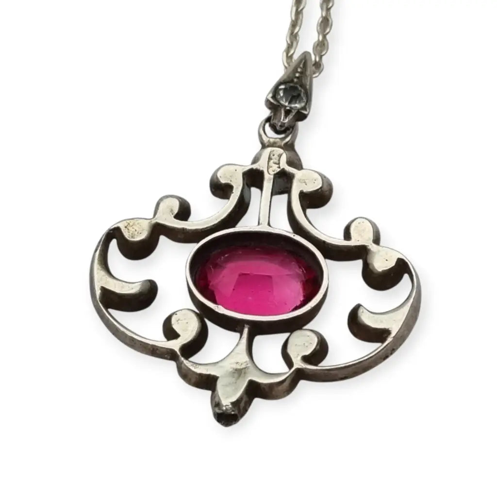 Colgante Belle Époque en plata 800 con cristal rosa y blanco diseño calado