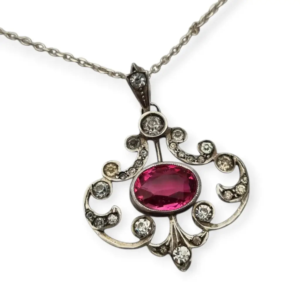 Colgante Belle Époque en plata 800 con cristal rosa y blanco diseño calado