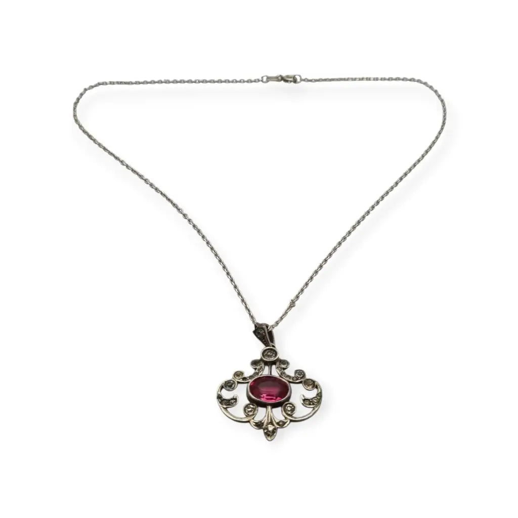 Colgante Belle Époque en plata 800 con cristal rosa y blanco diseño calado