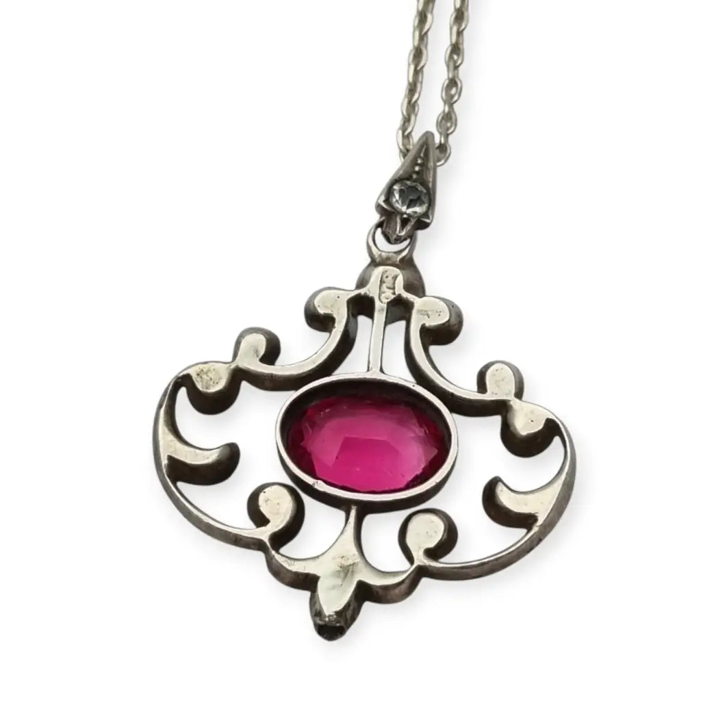 Colgante Belle Époque en plata 800 con cristal rosa y blanco diseño calado