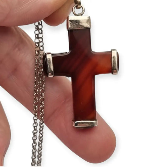Colgante cruz vintage de ágata marrón en montura plata 925 artesanal diseño