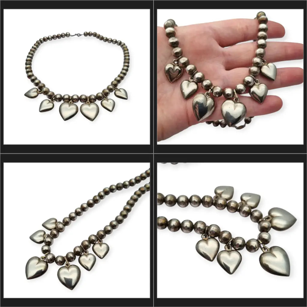 Collar italiano vintage en plata 925 con colgantes de corazones y cuentas