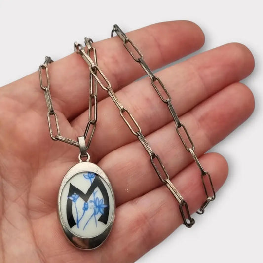 Collar de plata 925 con colgante ovalado porcelana pintada diseño floral