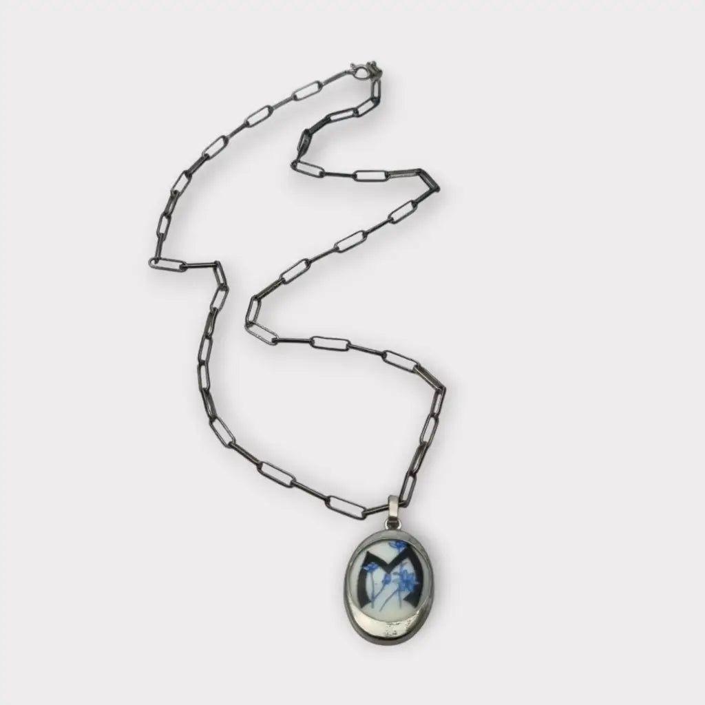 Collar de plata 925 con colgante ovalado porcelana pintada diseño floral