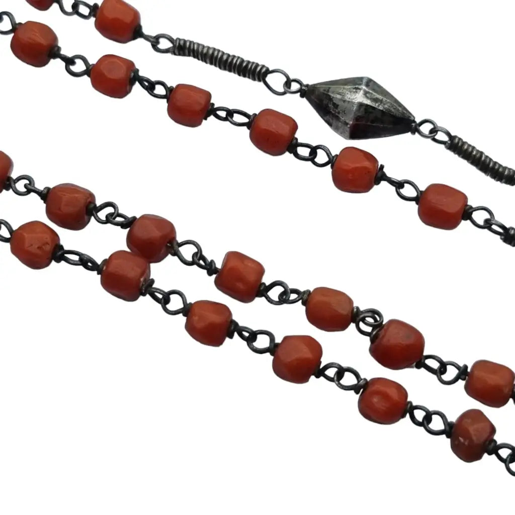 Collar rosario coral y plata bola roja catolica joyeria religiosa