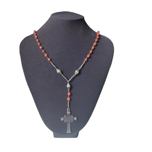 Collar rosario coral y plata bola roja catolica joyeria religiosa
