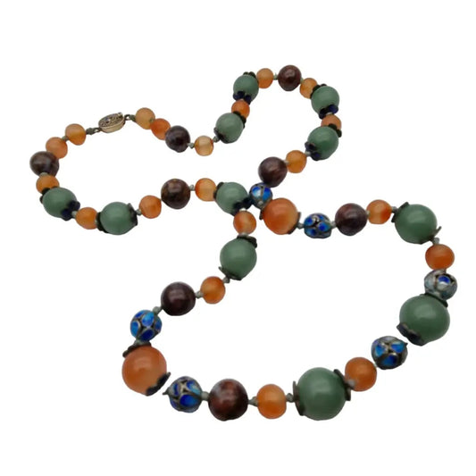 Collar vintage exportación China jade ágata cornalina y cuentas de cloisonné