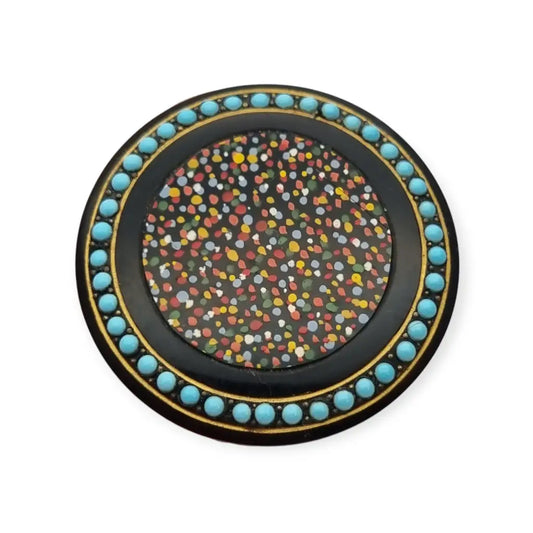 Colorido broche circular Art Déco con cuentas color azul turquesa década