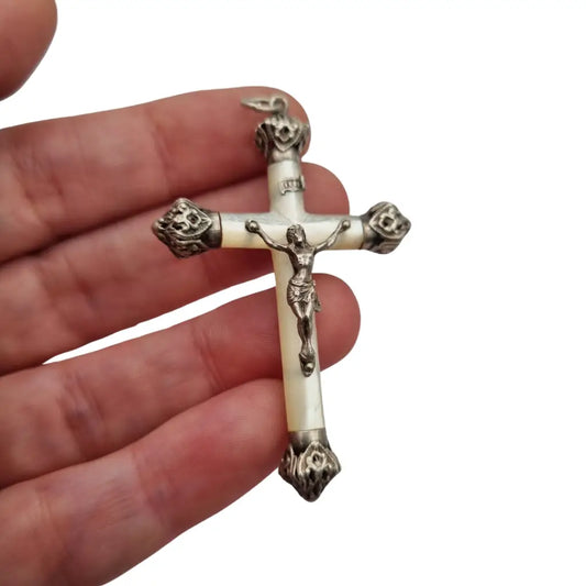 Crucifijo antiguo con nácar y plata cruz colgante religioso 1920