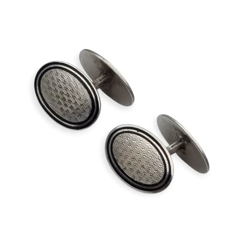 Gemelos antiguos Art Déco ovalados en plata con esmalte y grabado circa