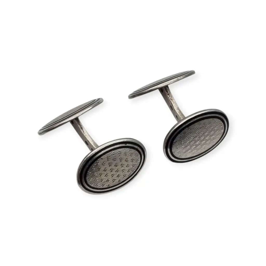 Gemelos antiguos Art Déco ovalados en plata con esmalte y grabado circa