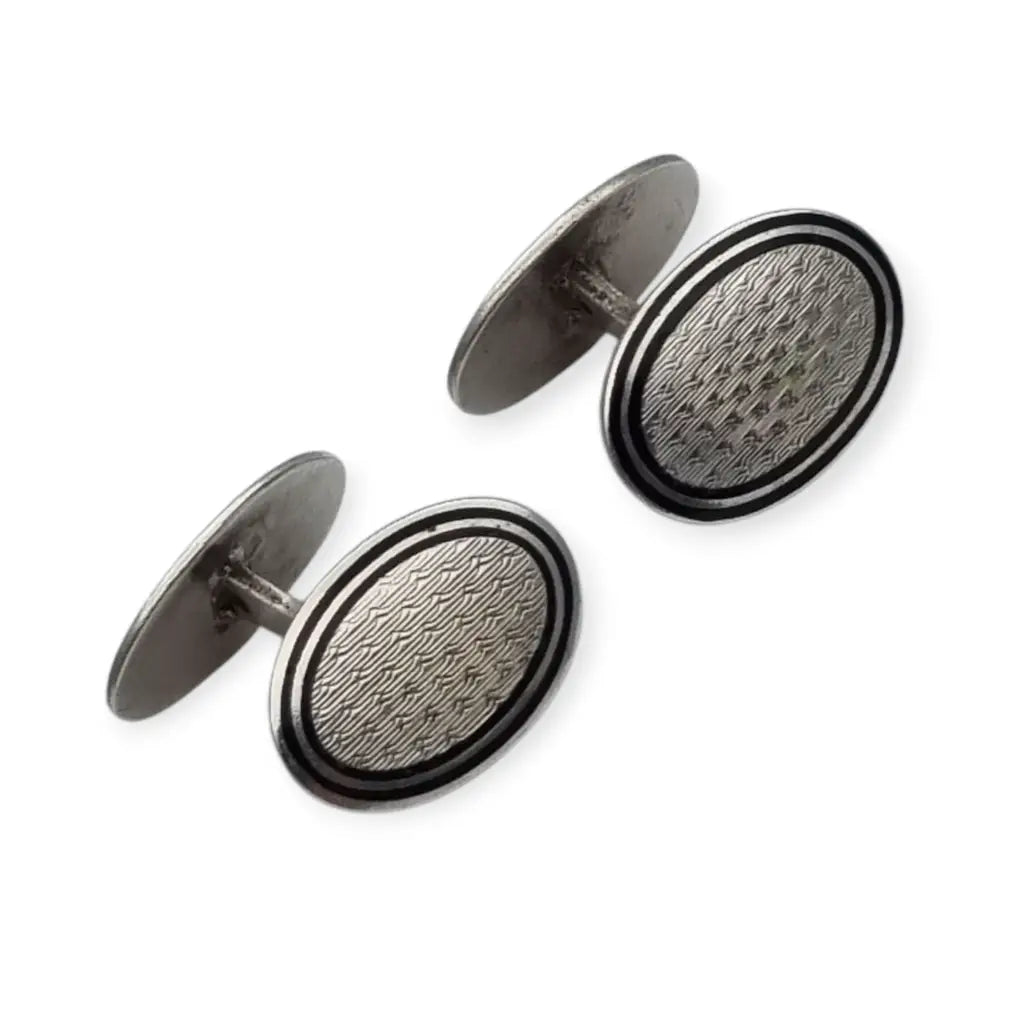 Gemelos antiguos Art Déco ovalados en plata con esmalte y grabado circa