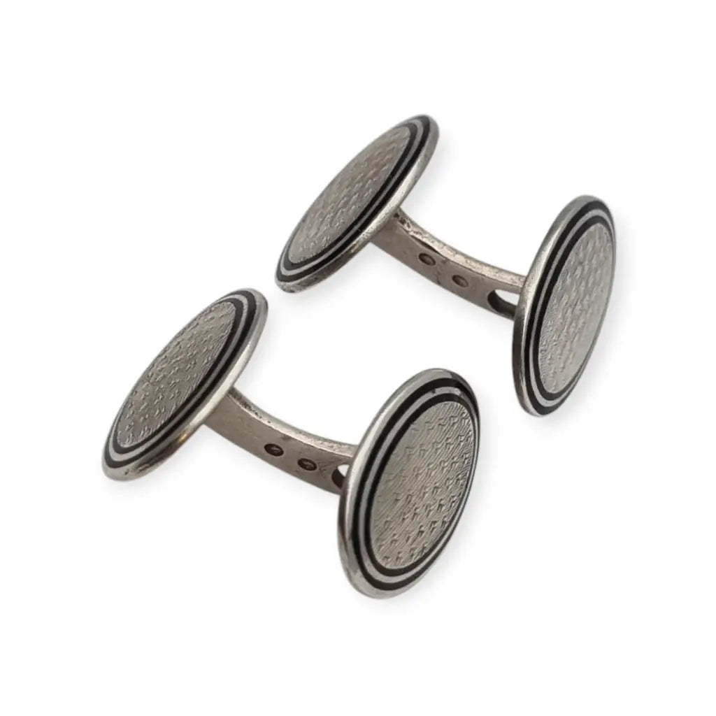 Gemelos antiguos Art Déco ovalados en plata con esmalte y grabado circa