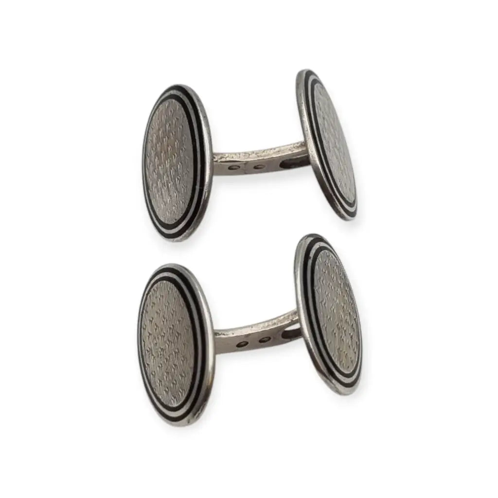 Gemelos antiguos Art Déco ovalados en plata con esmalte y grabado circa