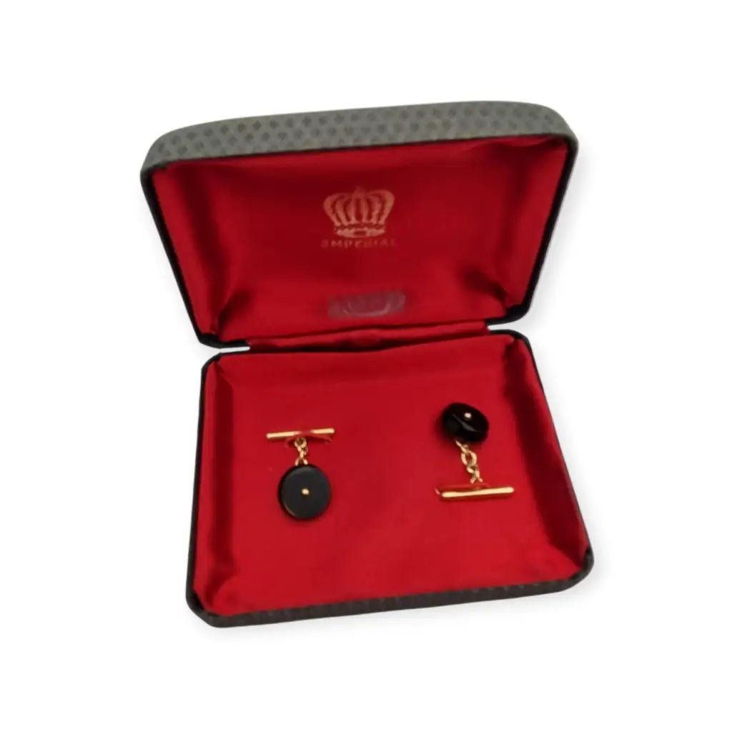 Gemelos antiguos en oro 18k y ónix negro • Joyería masculina vintage