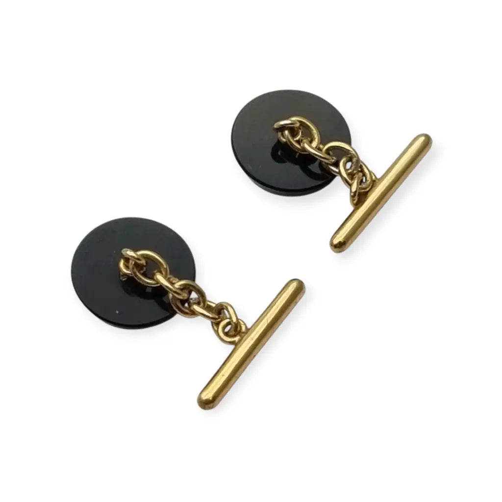 Gemelos antiguos en oro 18k y ónix negro • Joyería masculina vintage