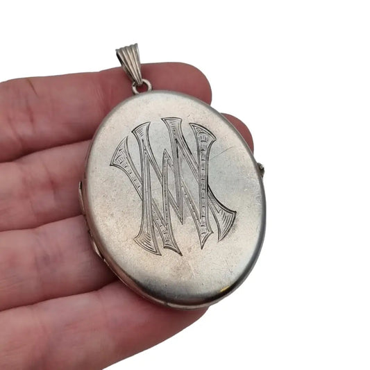 Gran medallón victoriano de plata antigua. Portafotos con monograma