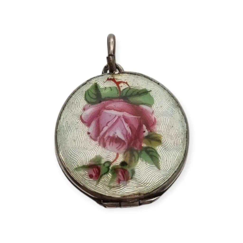 Guardapelo de plata 800 con esmalte guilloché floral rosa y azul joyería