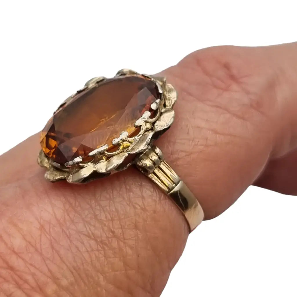 Anillo de cóctel Art Déco citrino oro y plata para mujer 40s-50s regalos.