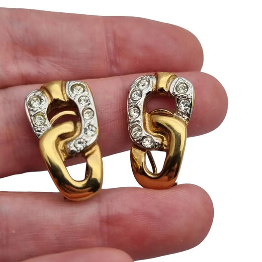 Pendientes eslabón vintage de los años 80 joyas doradas y piedra blanca.