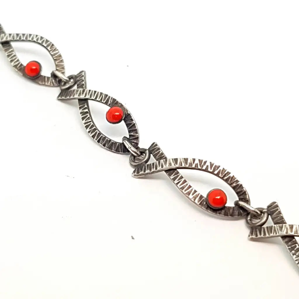 Pulsera vintage de plata Art Deco para mujer con pez esmaltado rojo