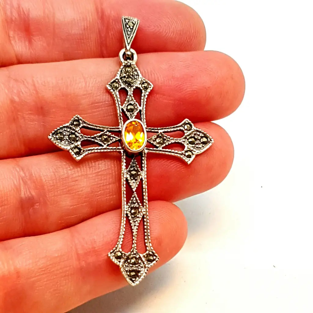 Cruz de plata y citrino colgante vintage para collar regalos mama.