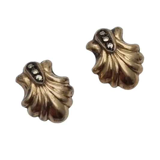 Pendientes de concha art deco plata y oro. Joyería antigua vintage.