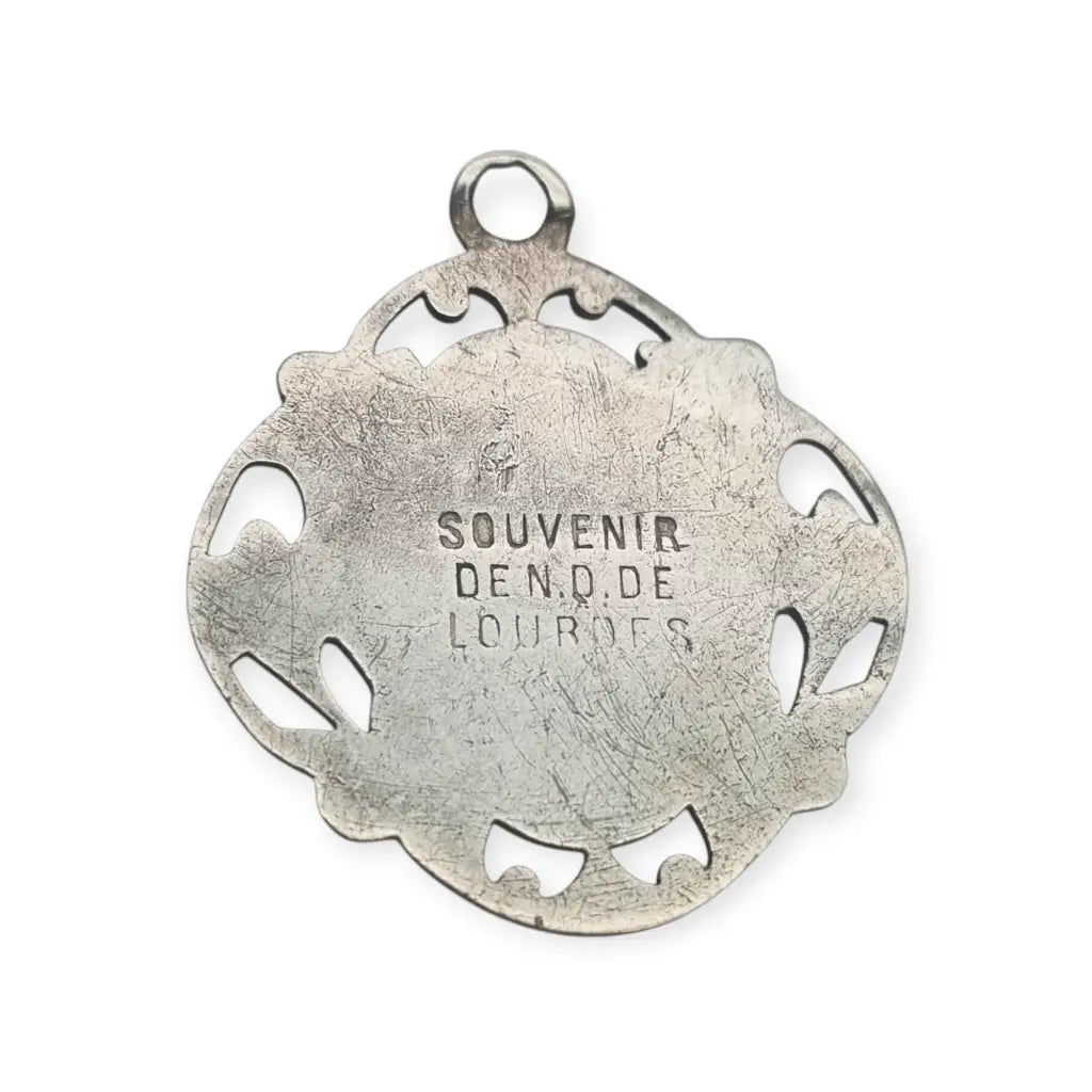 Medalla Art Nouveau de plata calada Ntra. Sra. Lourdes vintage floral