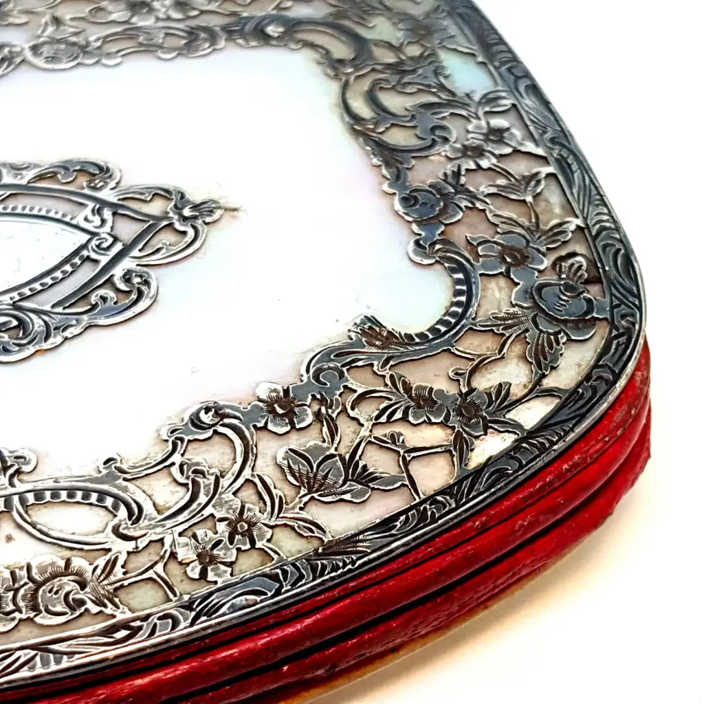 Monedero antiguo Victoriano de plata calada y nácar XIX pieza colección.