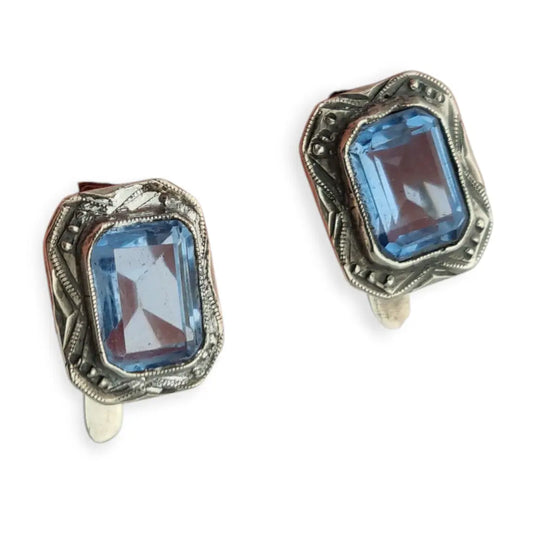 Pendientes antiguos de plata con piedra azul símil estilo Art Decó.