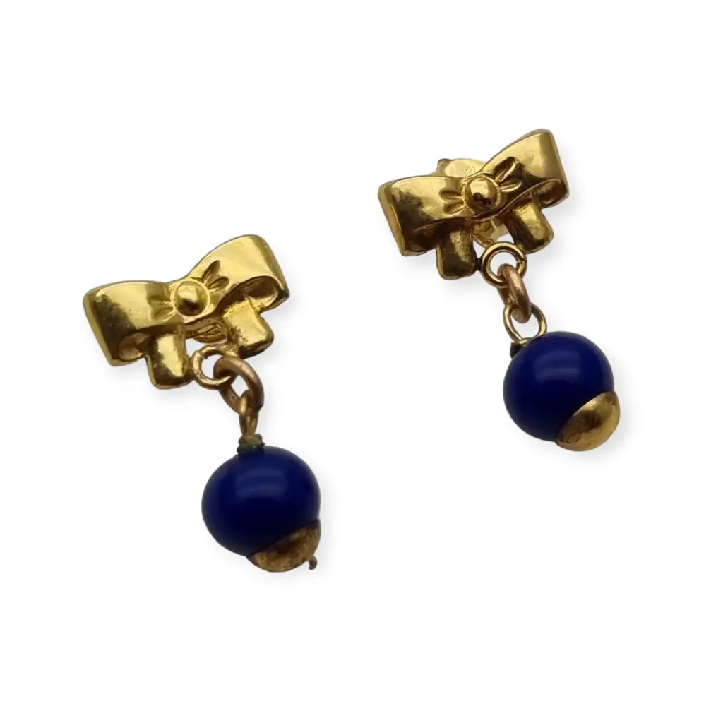 Pendientes vintage corazón de lágrima oro laminado 14k y perla azul 80s nos.