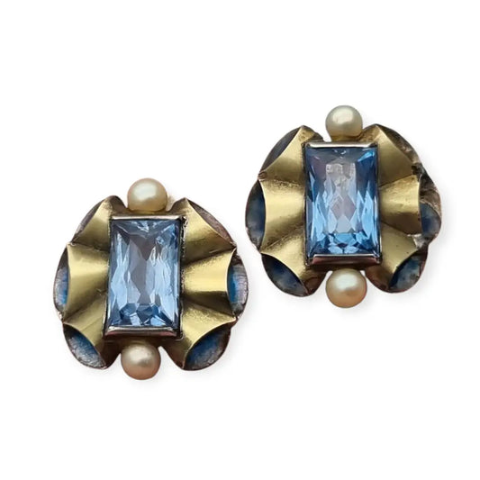 Pendientes Art Déco catalanes de plata símil aguamarina perlas y esmalte,1 940.