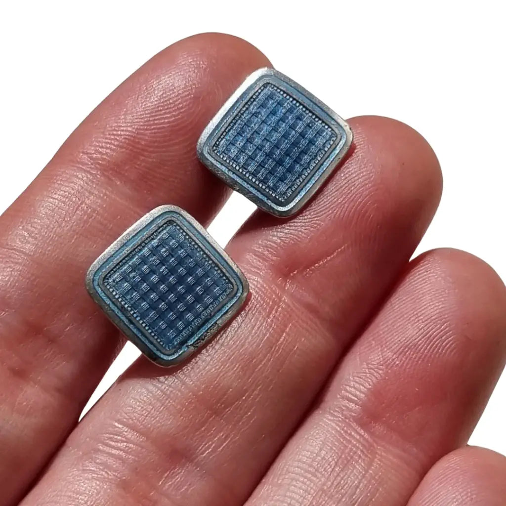 Pendientes Krementz en plata esterlina con esmalte azul guilloché diseño