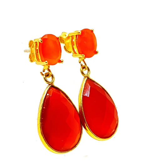 Pendientes ónix color miel de forma lágrima en plata dorada joyería antigua