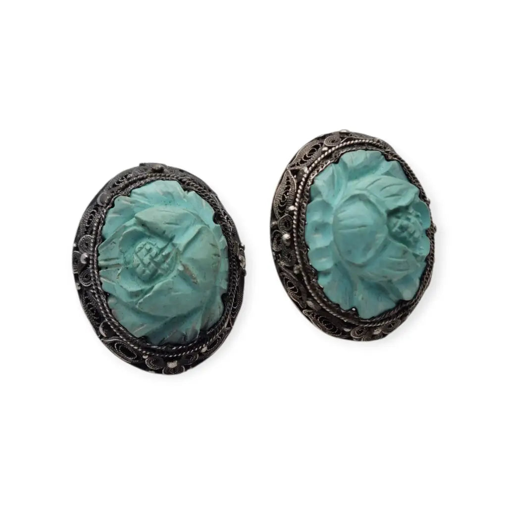 Pendientes orientales antiguos de plata filigrana con camafeos florales azul