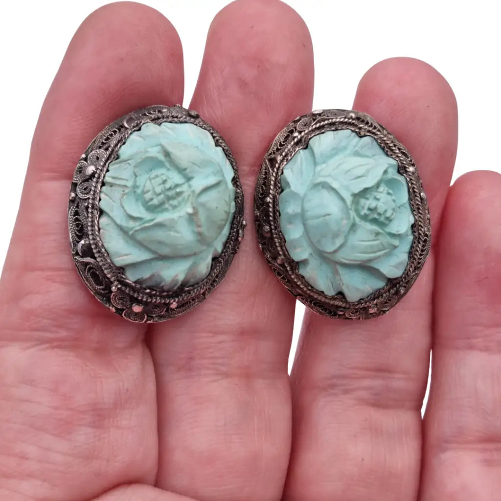 Pendientes orientales antiguos de plata filigrana con camafeos florales azul