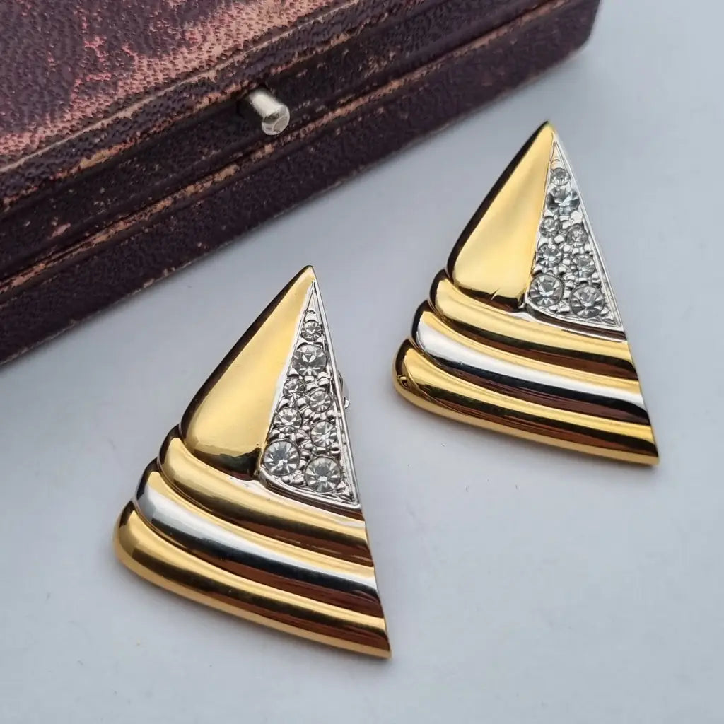 Pendientes triangulares con clip joyería de moda NOS Vintage años 80s diamantes