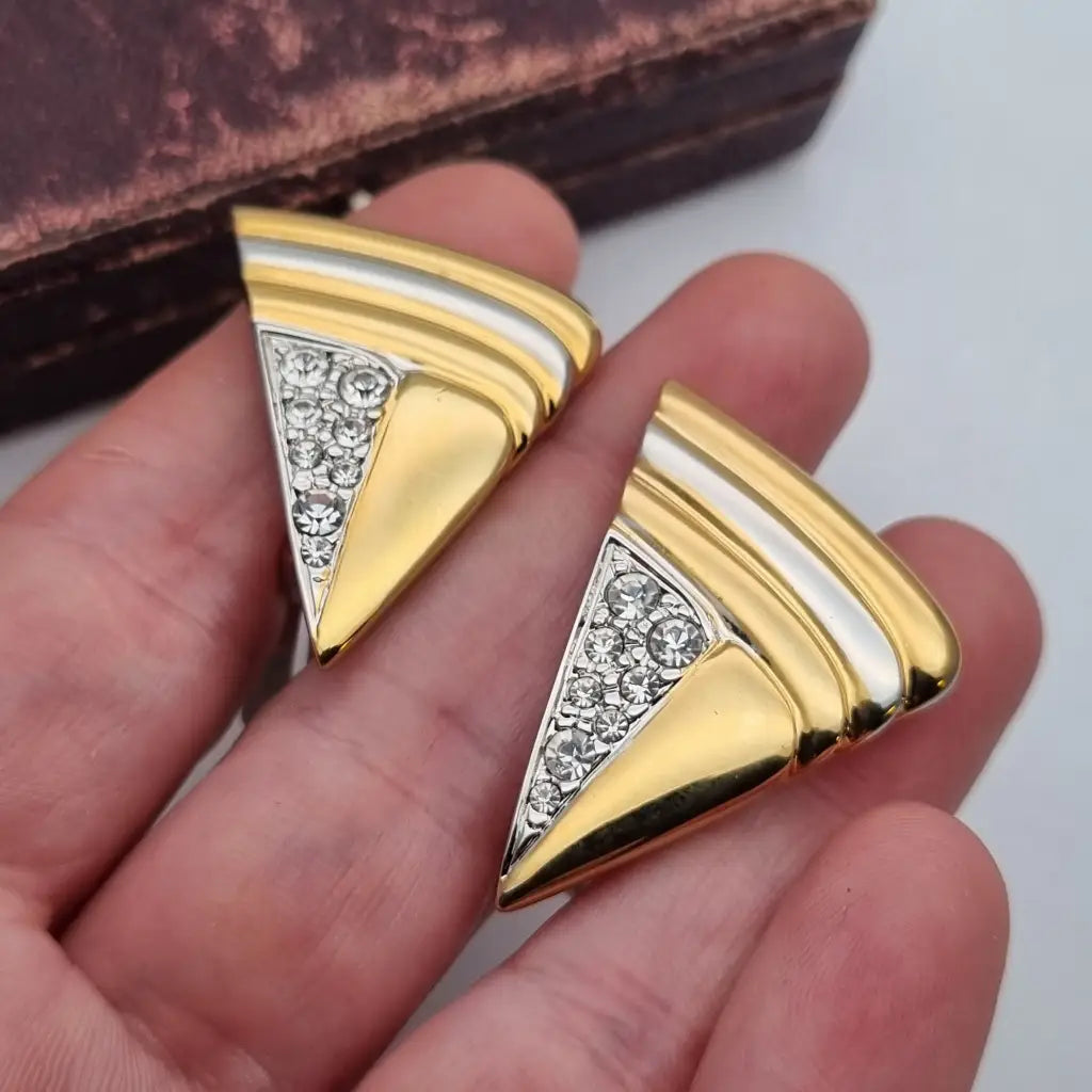 Pendientes triangulares con clip joyería de moda NOS Vintage años 80s diamantes