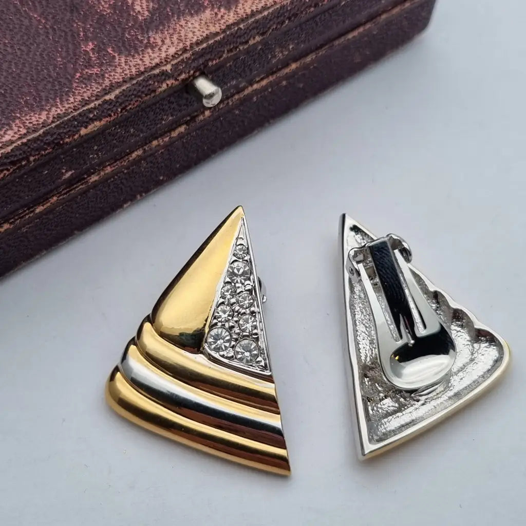 Pendientes triangulares con clip joyería de moda NOS Vintage años 80s diamantes