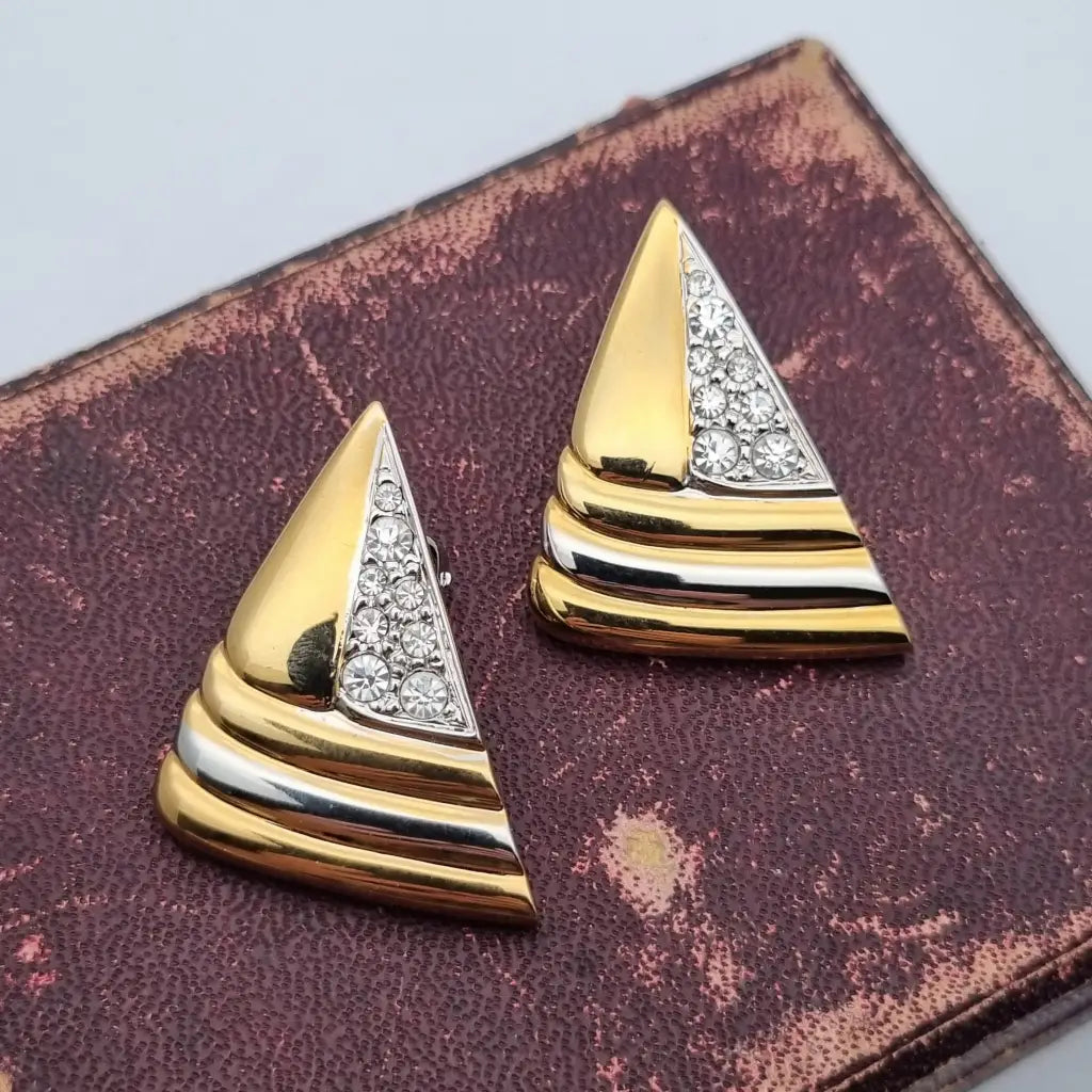Pendientes triangulares con clip joyería de moda NOS Vintage años 80s diamantes