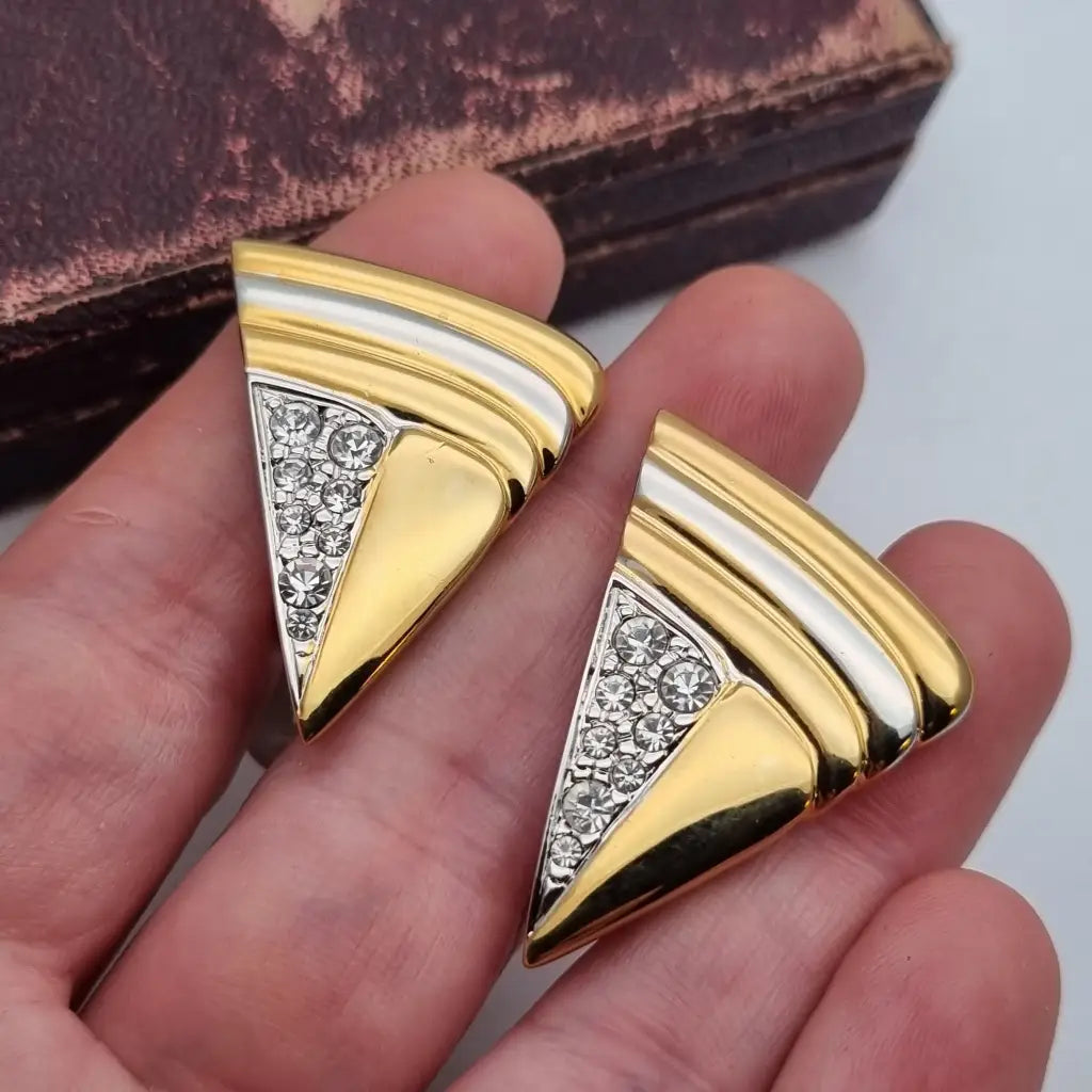Pendientes triangulares con clip joyería de moda NOS Vintage años 80s diamantes
