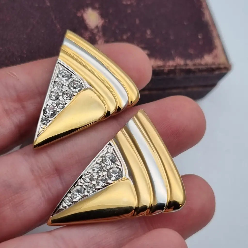 Pendientes triangulares con clip joyería de moda NOS Vintage años 80s diamantes