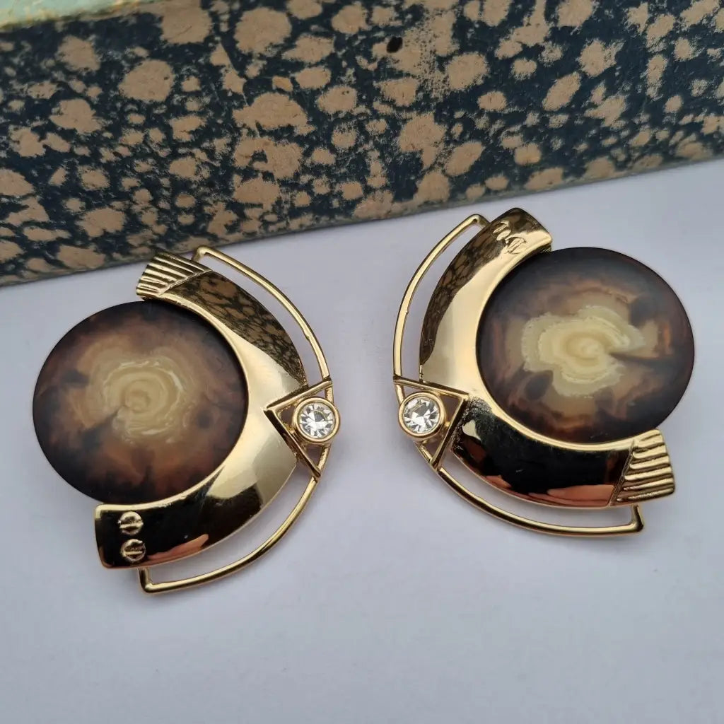 Pendientes vintage NOS grandes y redondos de los años 80 marrones dorados