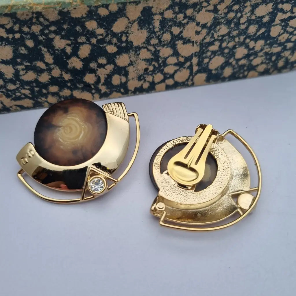 Pendientes vintage NOS grandes y redondos de los años 80 marrones dorados