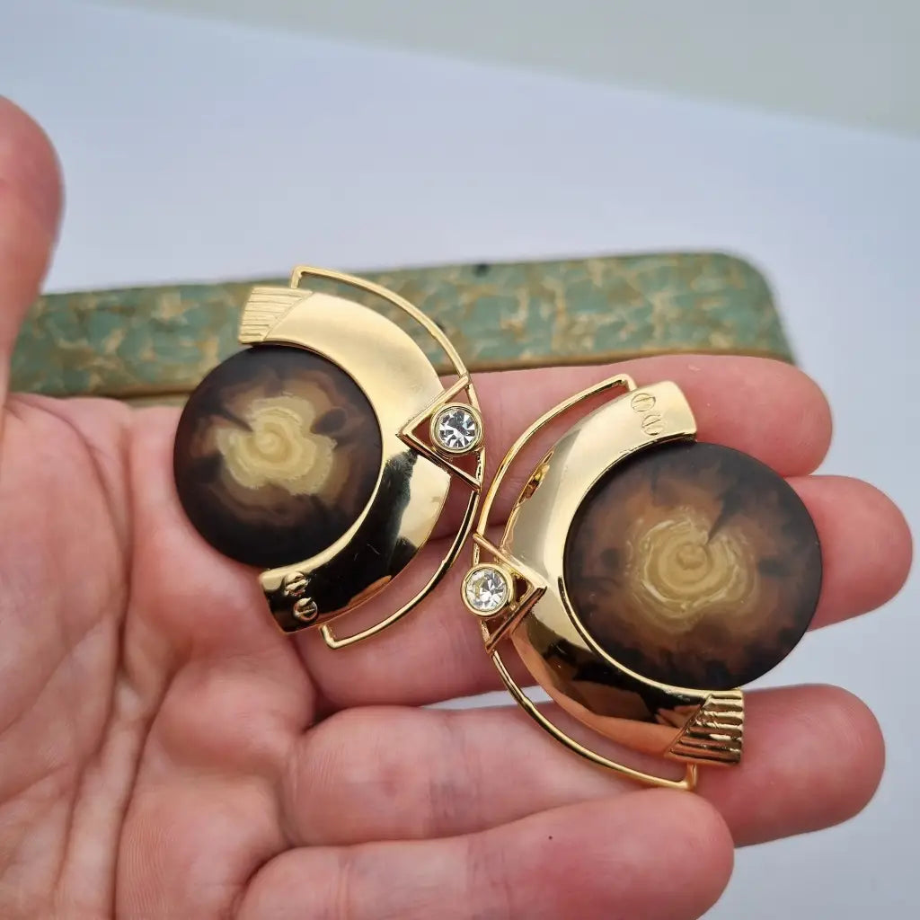 Pendientes vintage NOS grandes y redondos de los años 80 marrones dorados